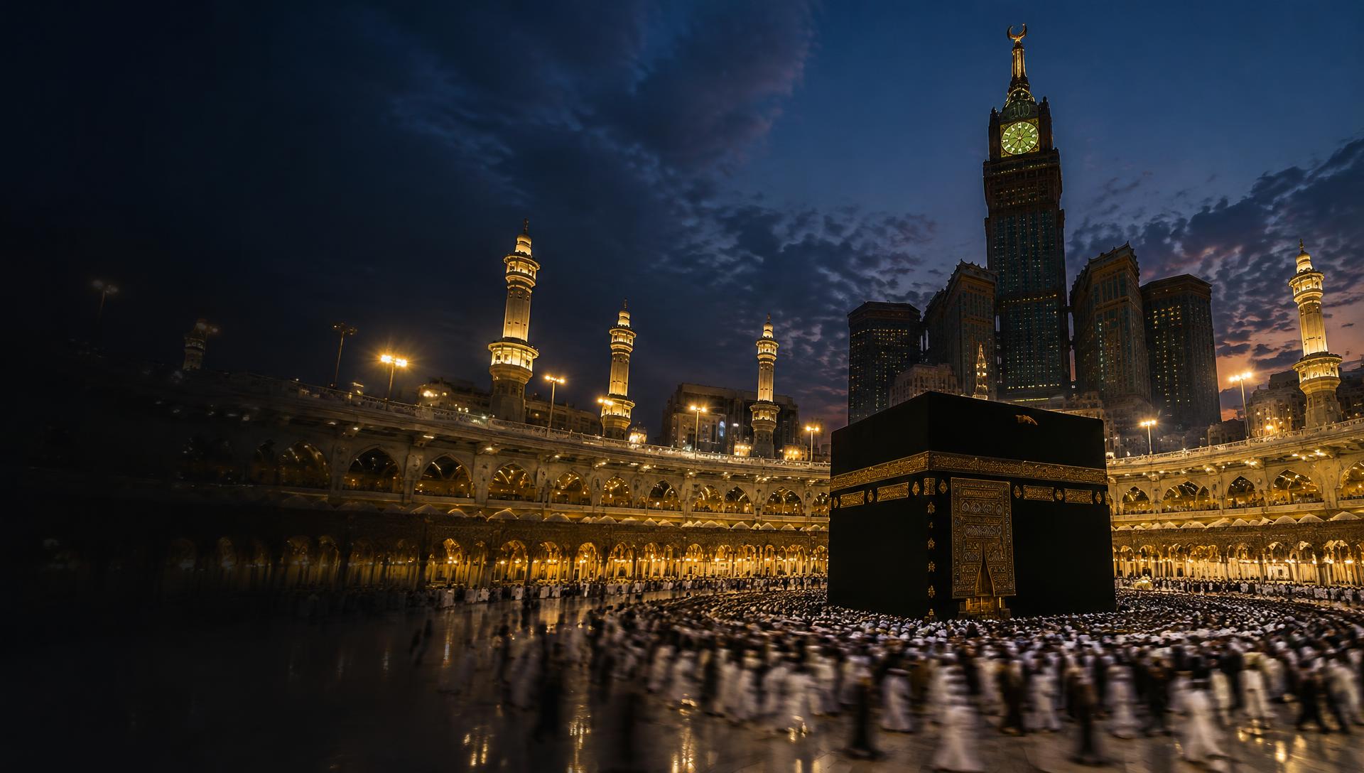 De Kaaba in de Masjid al-Haram in Makkah bij valavond
